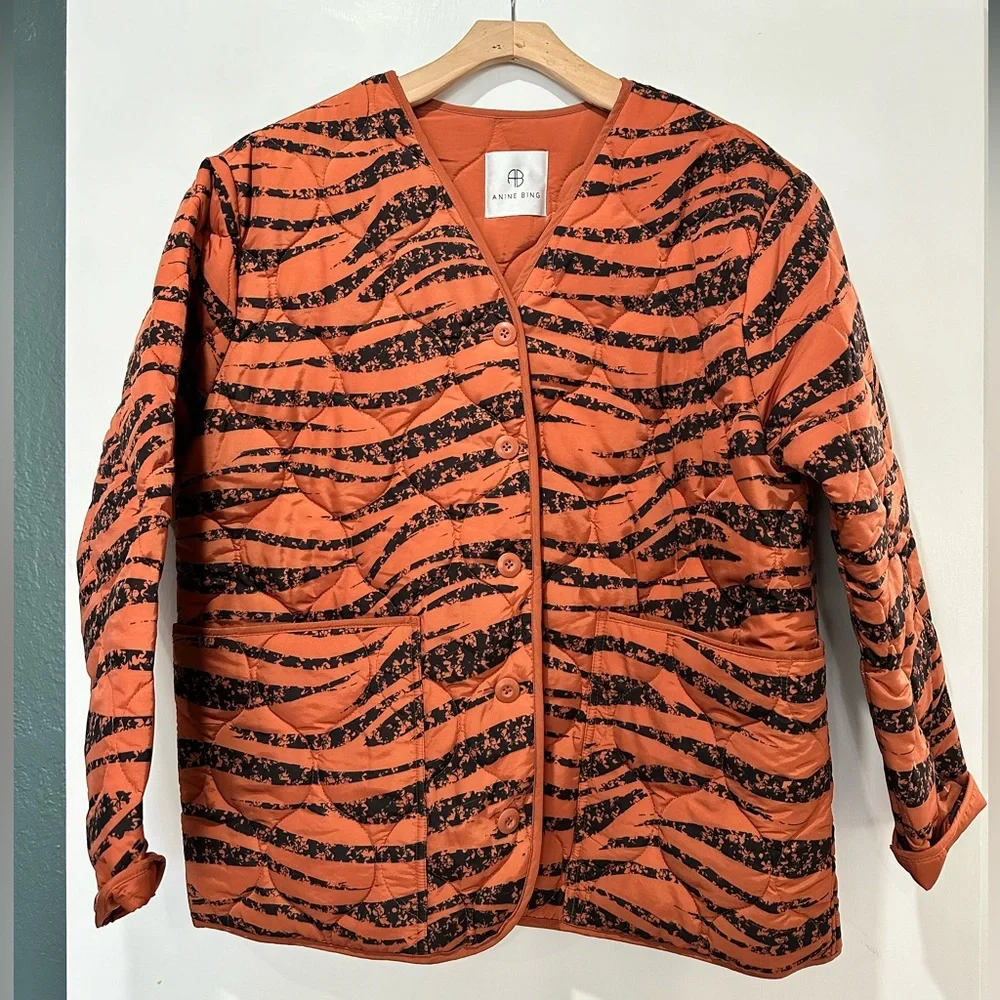 Anine Bing Quilted Tiger Print Jacket in Rust - Picture 3 of 12